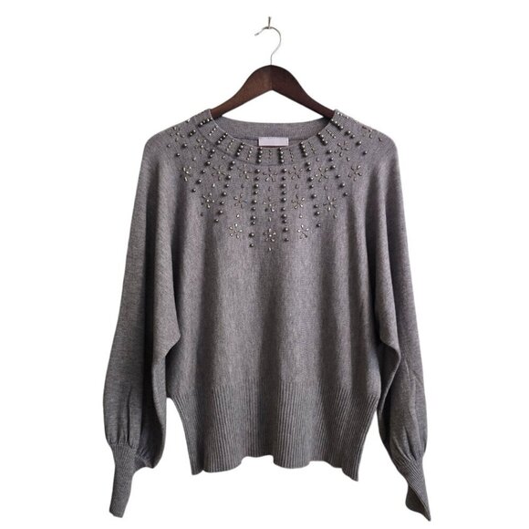 Liv Milano Gray Studded Blouson Dolman Sleeve Sweater Sz L - Picture 1 of 8